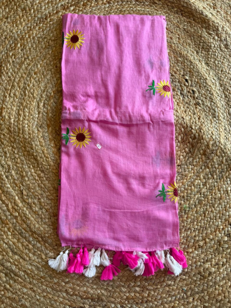 Image of Mul cotton Sunflower Embroidery -No blouse piece