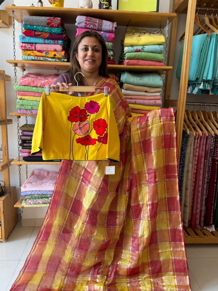 Image of Checkered Mul Saree with Mustard Blouse