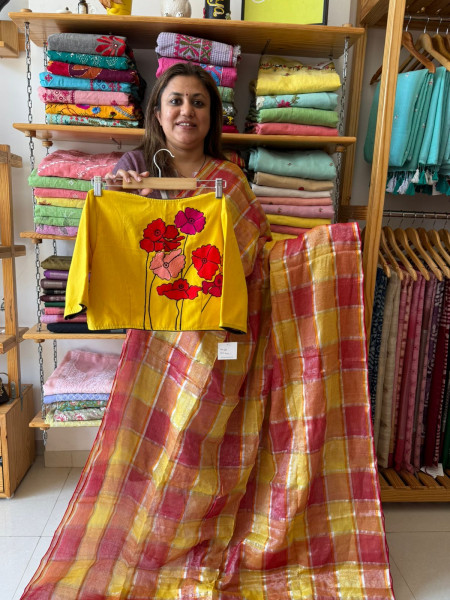 Checkered Mul Saree with Mustard Blouse