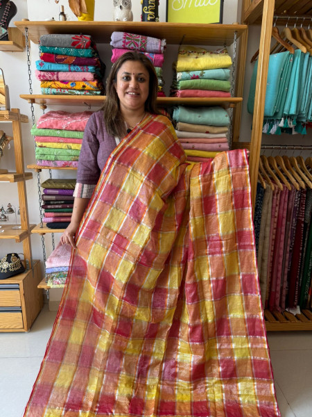 Checkered Mul Saree with Mustard Blouse