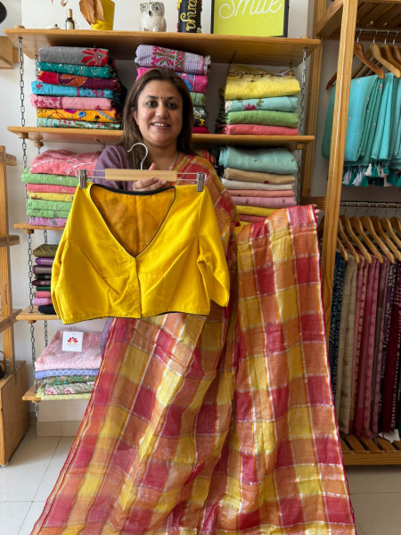 Checkered Mul Saree with Mustard Blouse