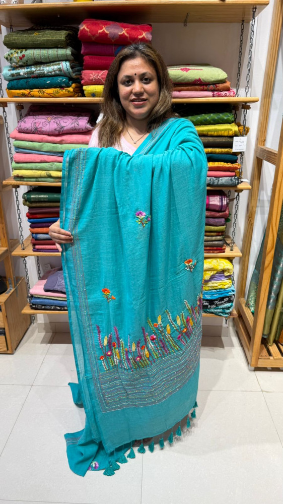 Image of HAnd Embroidered Mul Saree - No blouse piece