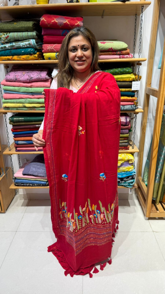 Image of Hand Embroidered Mul Saree - No blouse piece