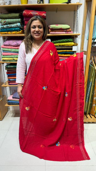 Hand Embroidered Mul Saree - No blouse piece