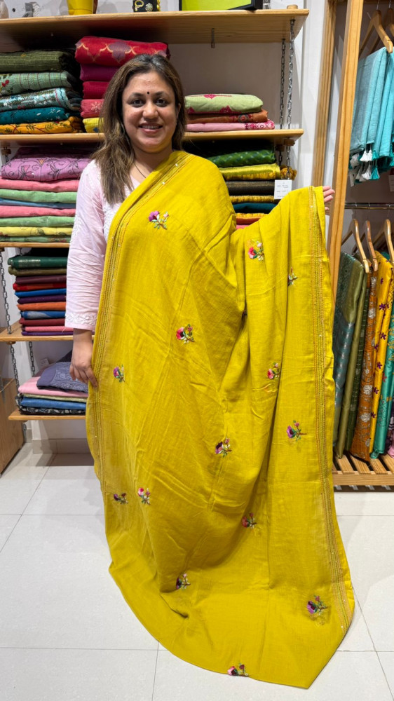Image of HAnd Embroidered Mul Saree - No blouse piece