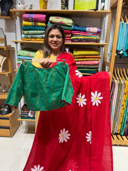 Sunflower Handpainted Mul saree with Green Embroidered Collar Blouse