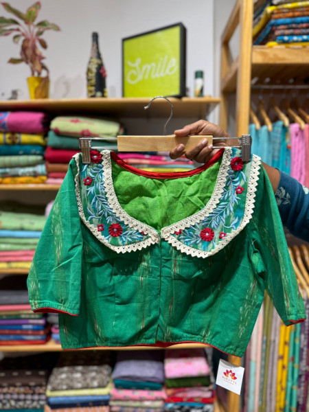 Sunflower Handpainted Mul saree with Green Embroidered Collar Blouse