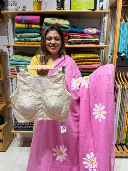 Sunflower Handpainted Mul saree with Hakoba Sleeveless Padded Blouse