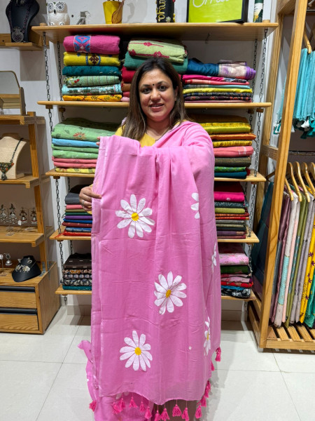 Sunflower Handpainted Mul saree with Hakoba Sleeveless Padded Blouse