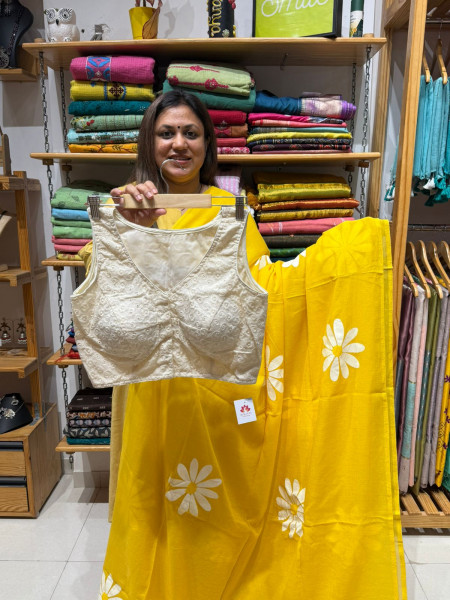 Sunflower Handpainted Mul saree with Hakoba Sleeveless Padded Blouse