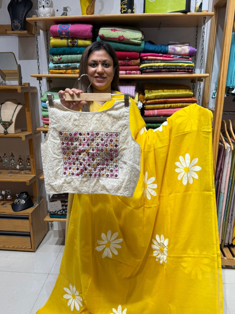 Image of Sunflower Handpainted Mul saree with Hakoba Sleeveless Padded Blouse