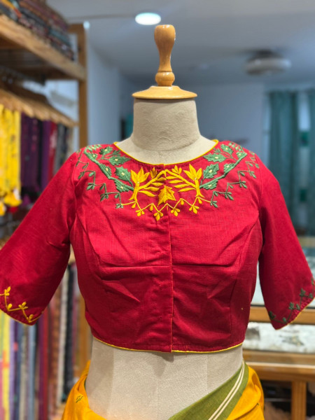 Combo - Yellow Saree with Red Embroidered Blouse