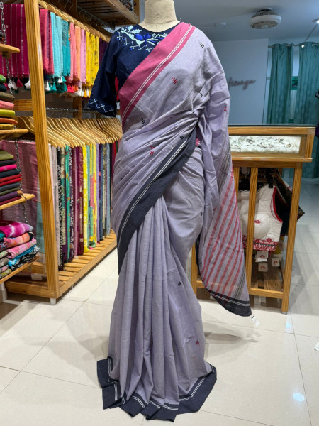 Combo - Lavendar Dhaniakhali Cotton Saree withBlue Embroidered Blouse