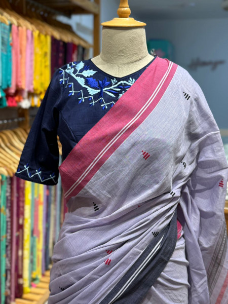 Combo - Lavendar Dhaniakhali Cotton Saree withBlue Embroidered Blouse