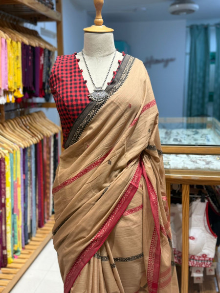 Combo - Dhaniakhali Cotton Saree with Free Size Stretchable Blouse (36 to 38)