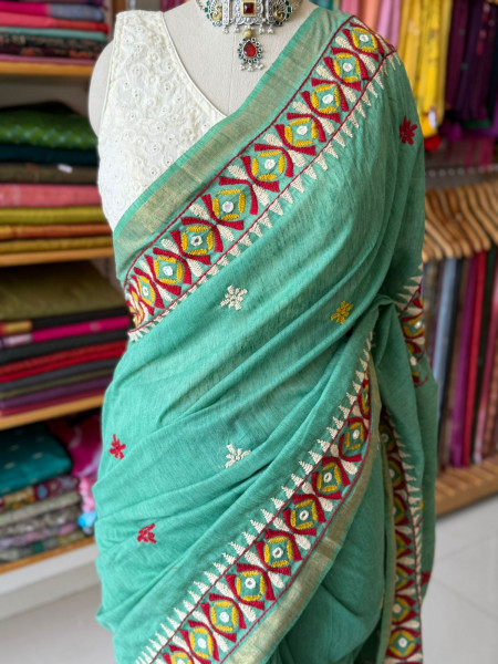 Ghicha Cotton Kathiawadi Handwork Saree - Sea Green Colour