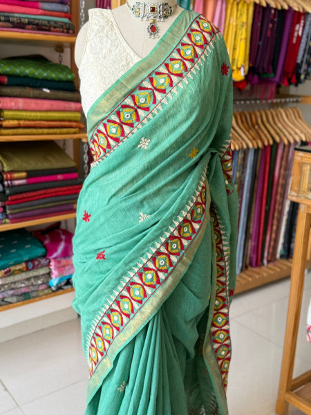 Ghicha Cotton Kathiawadi Handwork Saree - Sea Green Colour