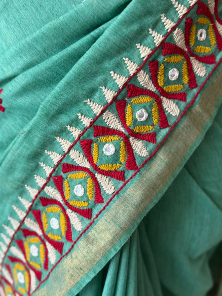 Ghicha Cotton Kathiawadi Handwork Saree - Sea Green Colour