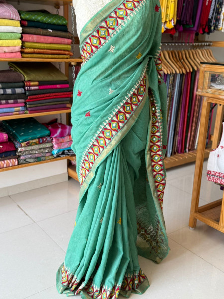Ghicha Cotton Kathiawadi Handwork Saree - Sea Green Colour