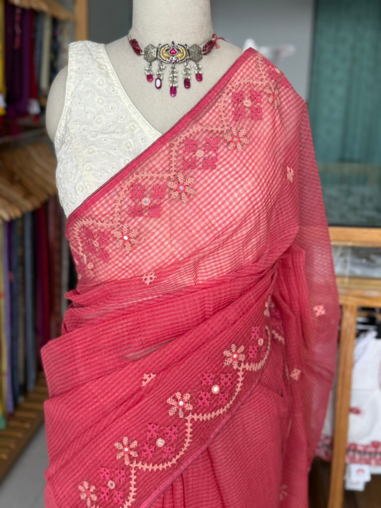 Image of Gujarati Stitch Handwork Saree - Peach Colour