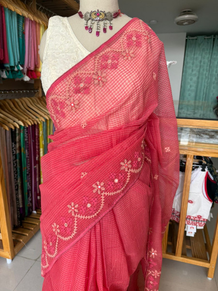 Gujarati Stitch Handwork Saree - Peach Colour