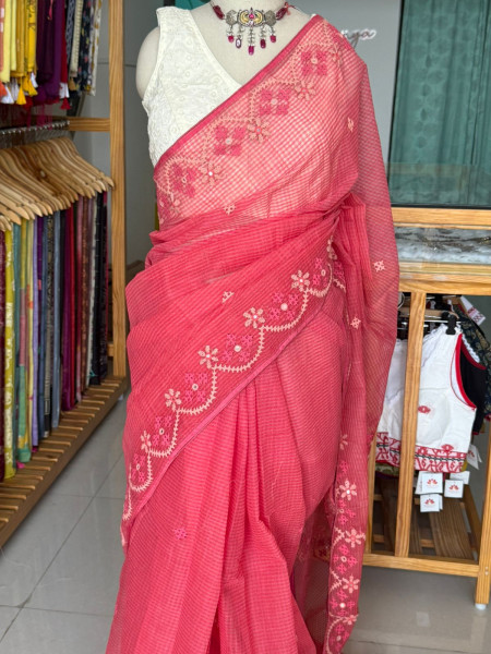 Gujarati Stitch Handwork Saree - Peach Colour