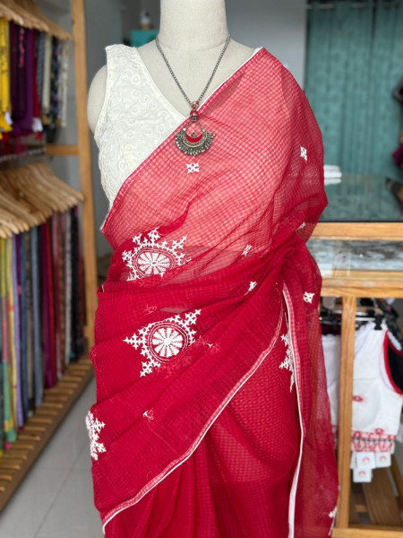 Gujarati Stitch Handwork Saree - Red Colour