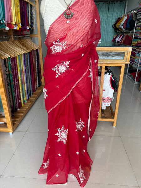 Gujarati Stitch Handwork Saree - Red Colour