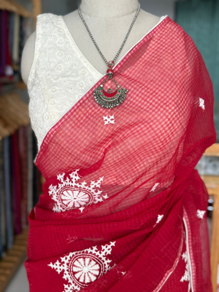 Gujarati Stitch Handwork Saree - Red Colour