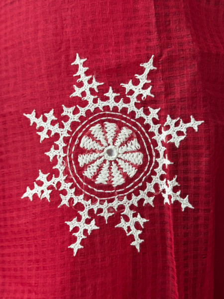 Gujarati Stitch Handwork Saree - Red Colour