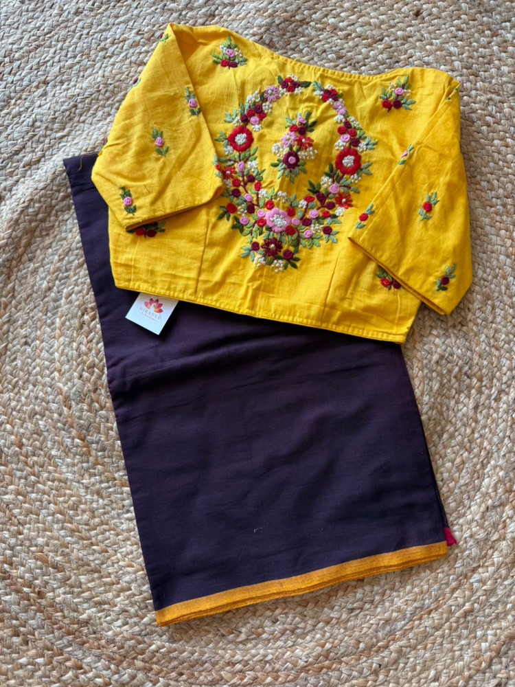 Image of Cotton Saree with Hand Embroidered Free Size Blouse