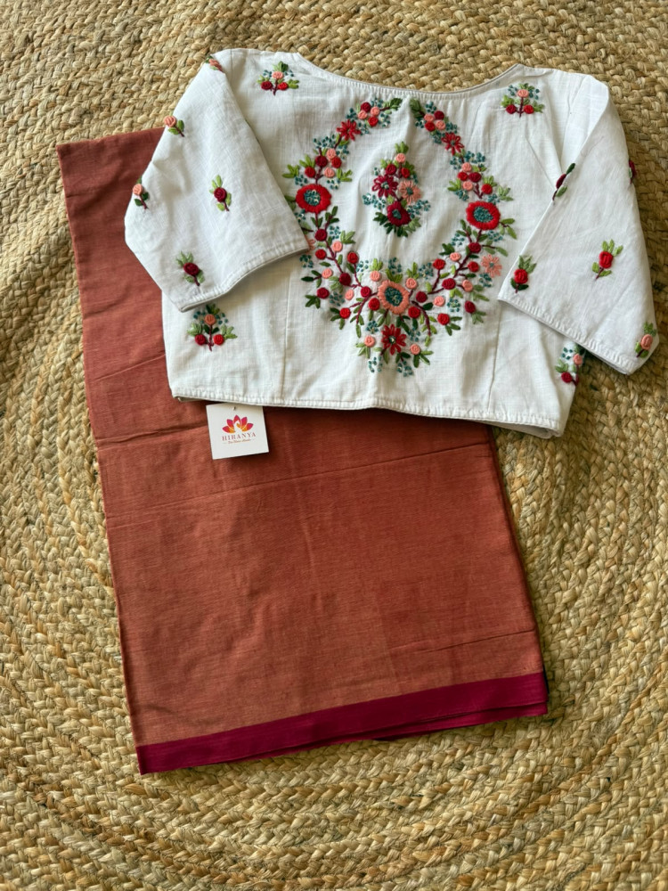 Image of Soft Cotton Saree with Hand Embroidered Free Size Blouse