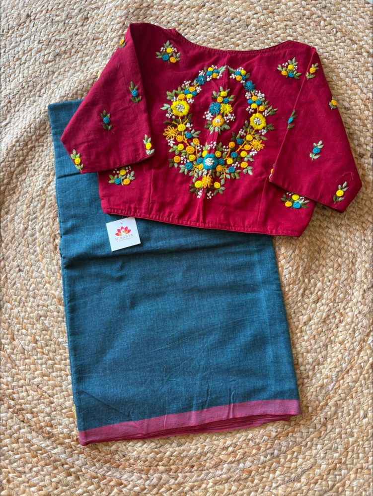 Image of Cotton Saree with Hand Embroidered Free Size Blouse
