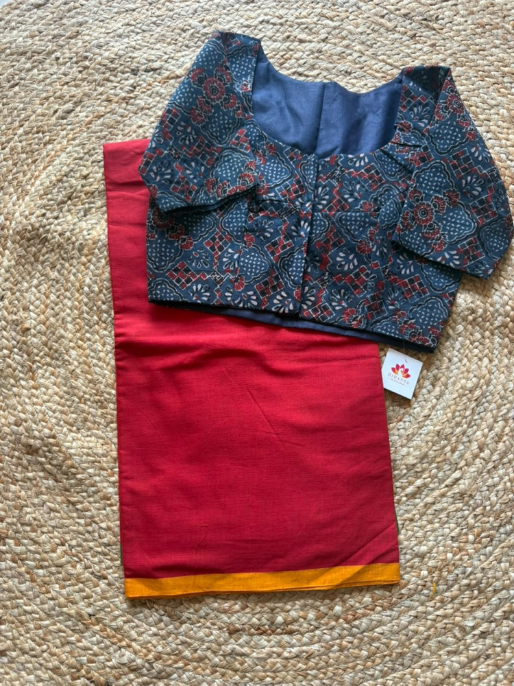 Image of Combo | Cotton Saree with Ajrakh Free Size Blouse