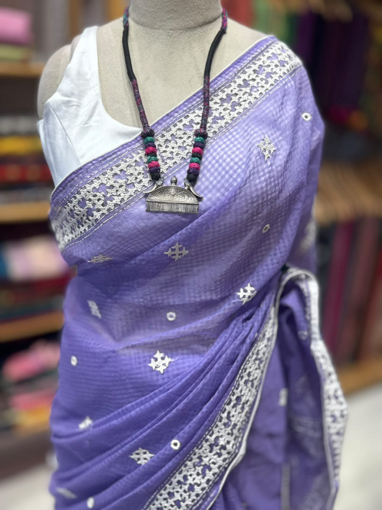 Image of Resham Kota Lilac Saree with Kutchi Embroidery