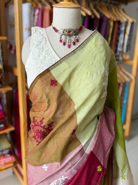 Pure Cotton Big Checks Saree with Kutchi Embroidery All Over