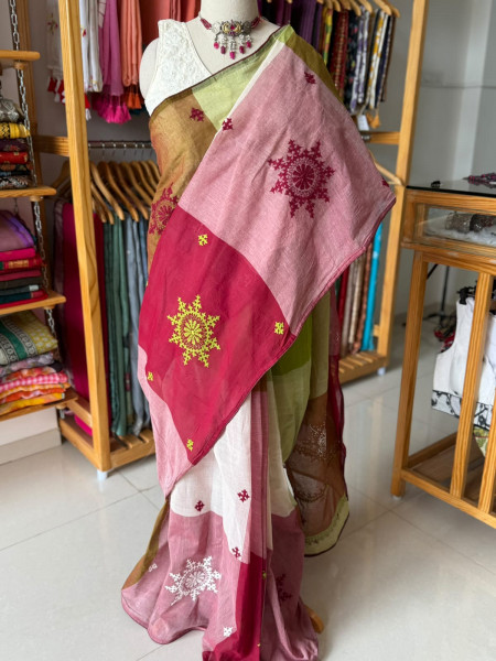 Pure Cotton Big Checks Saree with Kutchi Embroidery All Over
