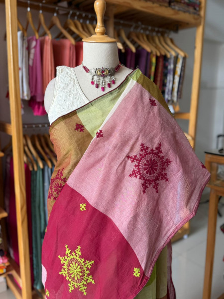 Pure Cotton Big Checks Saree with Kutchi Embroidery All Over