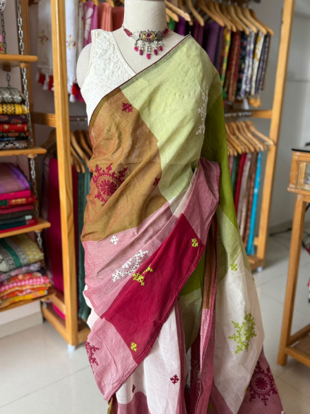 Pure Cotton Big Checks Saree with Kutchi Embroidery All Over