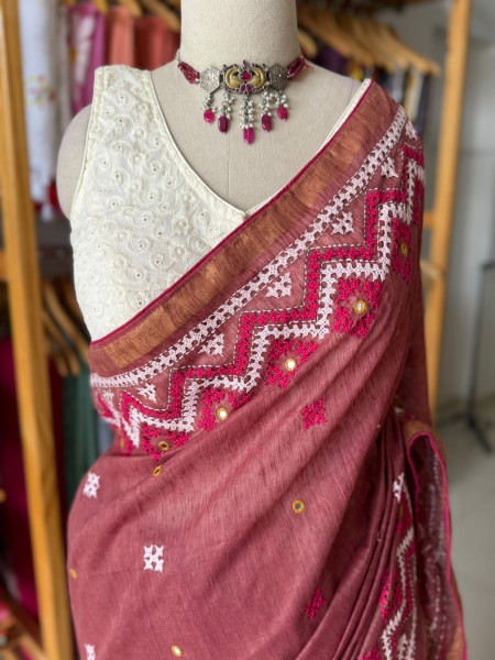 Premium Ghicha Cotton Saree with Kutchi Embroidery
