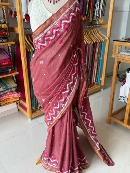 Premium Ghicha Cotton Saree with Kutchi Embroidery