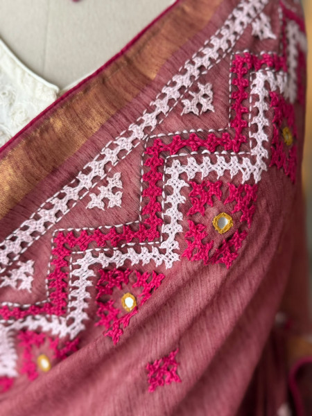Premium Ghicha Cotton Saree with Kutchi Embroidery