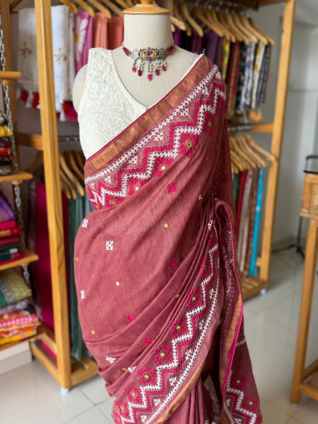 Premium Ghicha Cotton Saree with Kutchi Embroidery