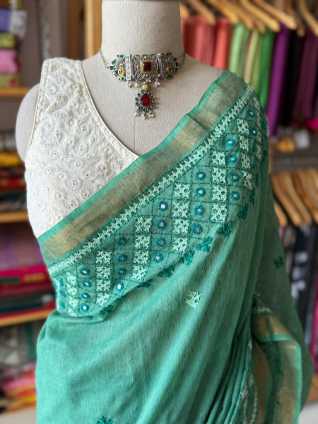 Premium Ghicha Cotton Saree with Kutchi Embroidery