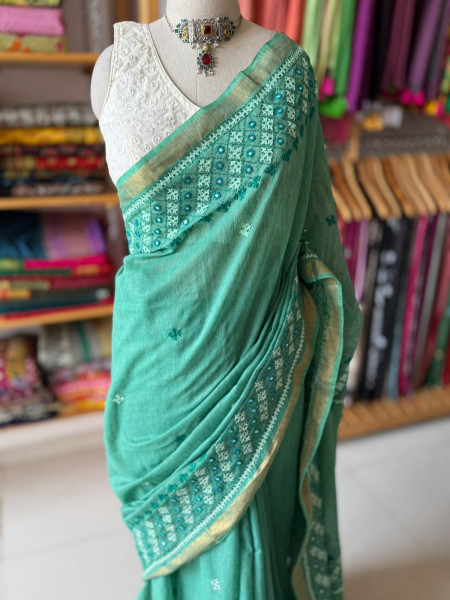 Premium Ghicha Cotton Saree with Kutchi Embroidery