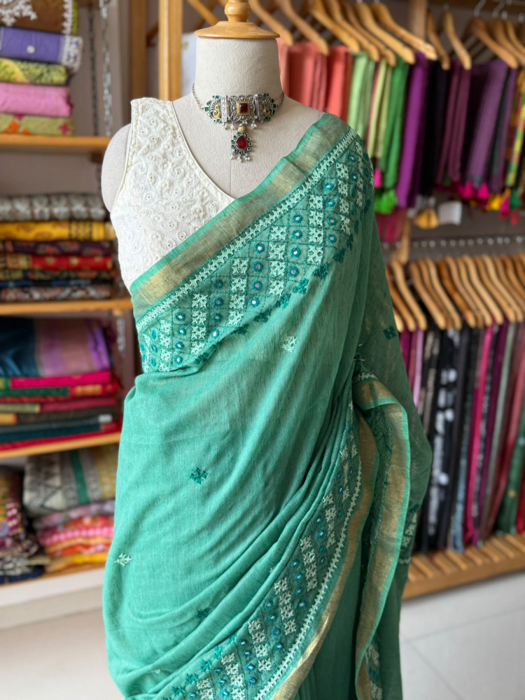 Image of Premium Ghicha Cotton Saree with Kutchi Embroidery