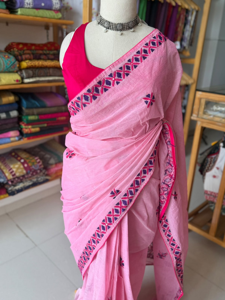 Image of Pure Cotton Saree with Kutchi Embroidery
