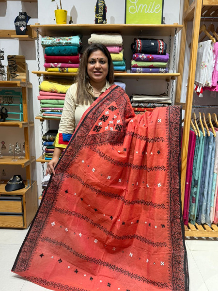 Handblock Print Cotton Saree with Gujrati Handwork