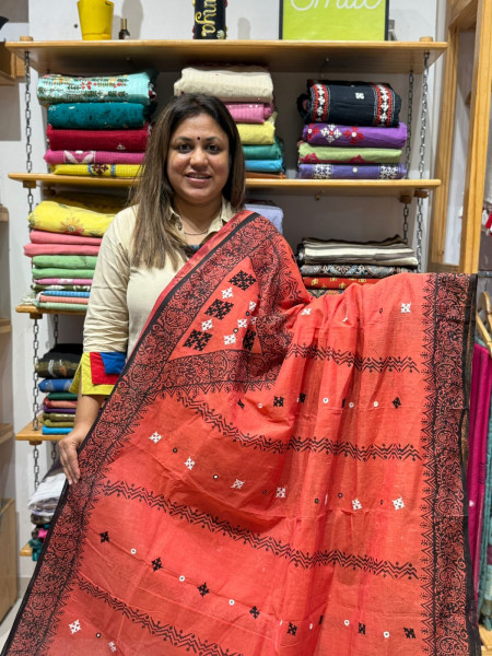 Handblock Print Cotton Saree with Gujrati Handwork