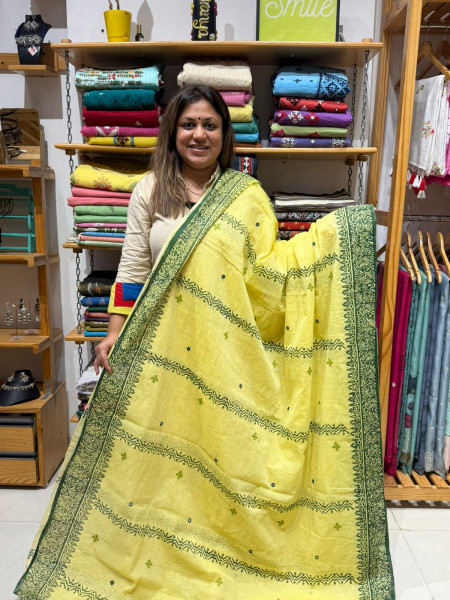 Handblock Print Cotton Saree with Gujrati Handwork
